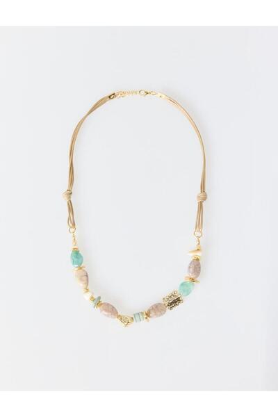 Jimmy Key Beige Natural Stone Detailed Adjustable Necklace with Drawstring