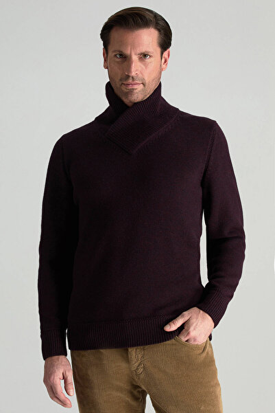 Hemington Merino Yünü Şal Yaka Bordo Triko Kazak