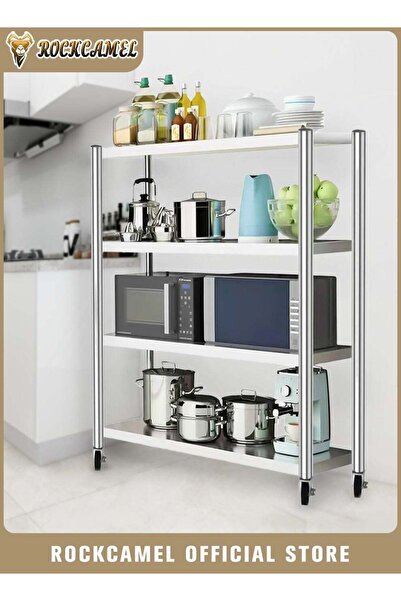 ROCKCAMEL أرفف تخزين بأربعة مستويات مزودة بعجلات، رفوف تخزين للمطبخ، رفوف تخز...