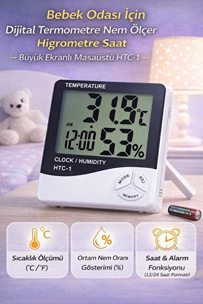 Hane Dostu Bebek Odası İçin Dijital Termometre Nem Ölçer Higrometre Saat – Bü...