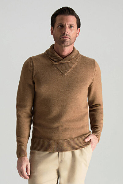 Hemington Merino Yünü Şal Yaka Camel Triko Kazak