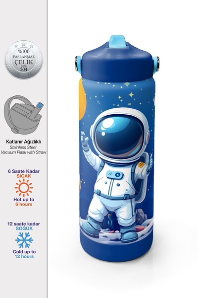 Coral High Lacivert Astronot Desenli Katlanır Ağızlıklı Çelik Termos 650 ml 3...