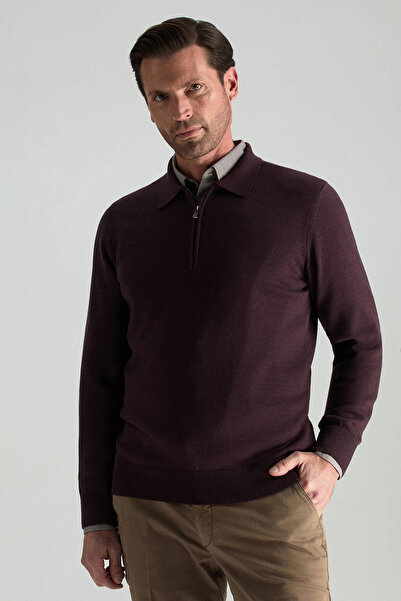 Hemington Merino Yünü Polo Yaka Yarım Fermuarlı Bordo Triko Kazak