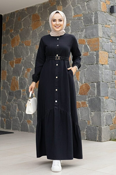 Hb Harma Time Butik Women's Buttoned Belted Black Denim Dress