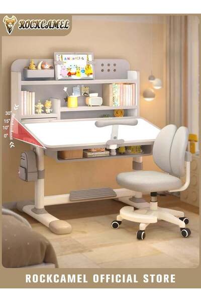 ROCKCAMEL طقم مكتب وكرسي دراسة للأطفال، طاولة تعليمية قابلة لتعديل الارتفاع م...