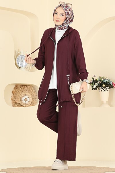 ModaMerve Cepleri Taşlı Dokuma Takım 3257HBS856-MS Mürdüm