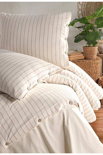 Uçkan home 100% Organic Cotton Washed Striped Double Duvet Cover Set - Natura...