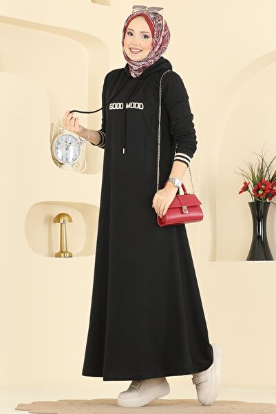 ModaMerve Yazı Baskılı İki İplik Elbise 717PM271-MS Siyah