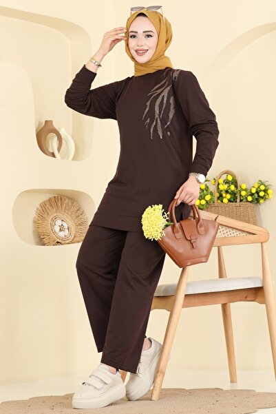 ModaMerve Taş Detaylı İki İplik Takım 210OZN1046-MS Kahve