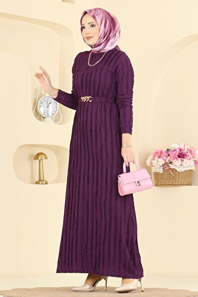 ModaMerve Kemeri Zincir Detaylı Elbise 7001OZN1046-MS Mor
