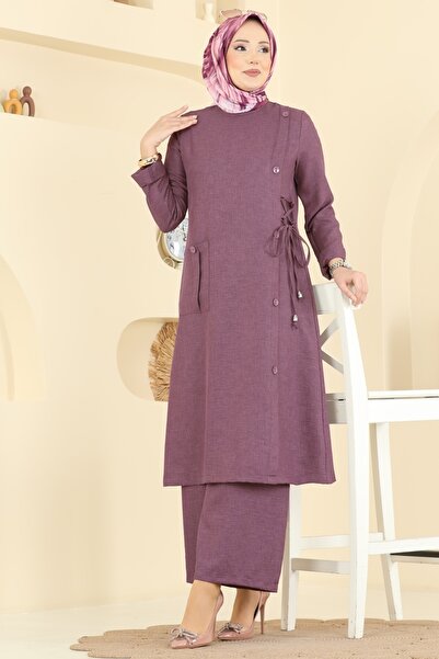 ModaMerve Aksesuar Düğmeli Keten Takım 367MP806-MS Mürdüm