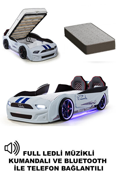 Ferramini Beyaz Bazalı Arabalı Yatak Kapıları Açılan Mustang Full Ledli Kuman...