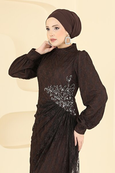ModaMerve Beli Taşlı Dantel Abiye 5739EDF311-MS Kahve