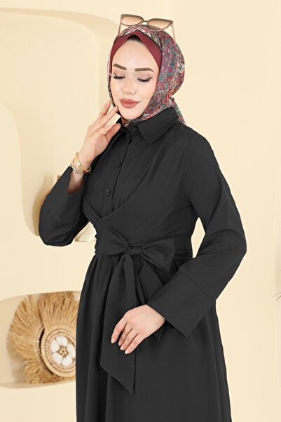 ModaMerve Önden Bağlamalı Terikoton Elbise 202ART1138-MS Siyah