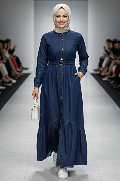 Hb Harma Time Butik Women's Buttoned Belted Navy Blue Denim Dress