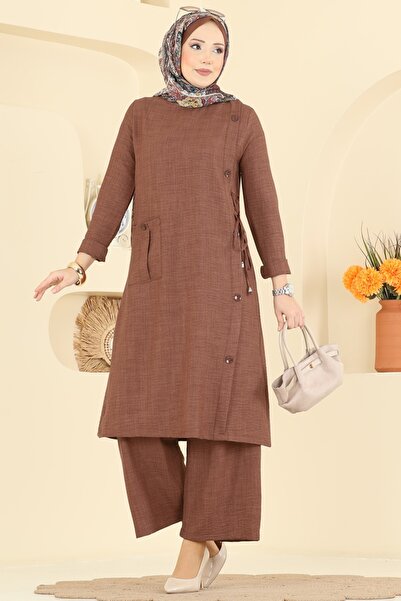 ModaMerve Aksesuar Düğmeli Keten Takım 367MP806-MS Koyu Taba