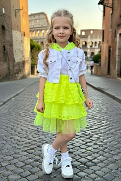 Riccotarz Girl's Hooded Lace Detailed T-Shirt with Denim Jacket and Lace Neon...