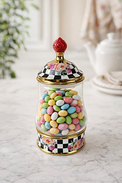 tutku home Porselen Detaylı Cam Kavanoz, Drajelik - 500 Ml