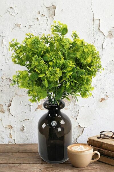 Yapay Çiçek Deposu Artificial Plant 7-Branch Serrula Bunch 35 cm Green-Yellow