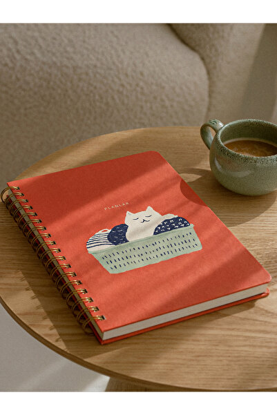 Bazen Defter Sepette Kedi Sert Kapaklı Spiralli Süresiz Planlayıcı Ajanda 16x...