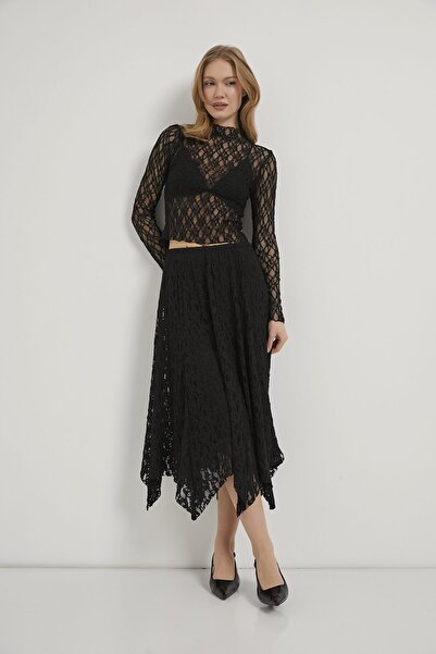 Arma Life Armalife 8507 Asymmetric Elastic Waist Lined Midi Lace Women's Skirt