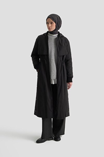 Armine TREND Boydan Fermuarlı Beli Büzgülü Kapüşonlu Paraşüt Kumaş Kap Siyah ...