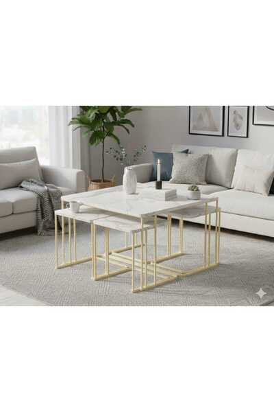 Nokta Sehpa Home 4+1 KREM METAL BEYAZ MERMER TABLA 5Lİ YAVRULU ORTA SEHPA ZİG...