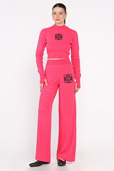 azragül giyim Women's Embroidered Crop Sweater Pants Knitwear Two-Piece Set