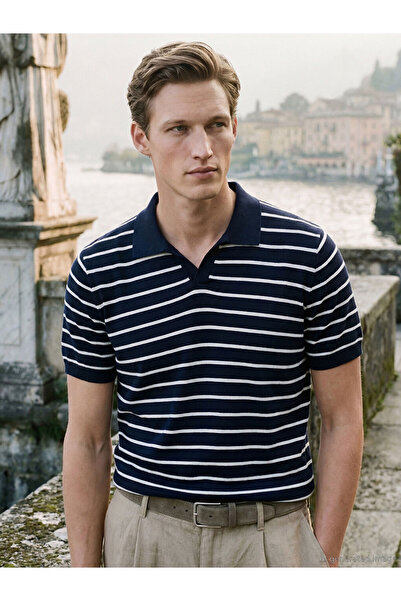LC Waikiki Navy Blue Polo Neck Striped Men's Knitwear Sweater