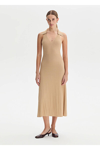 Knitss Polo Yaka Bej Triko Elbise