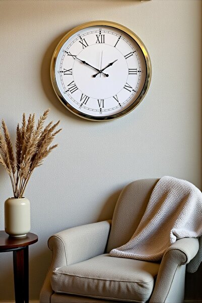 HvT İhtişamlı Gold 52 Cm Metal Roma Rakamlı Lüks Duvar Saati