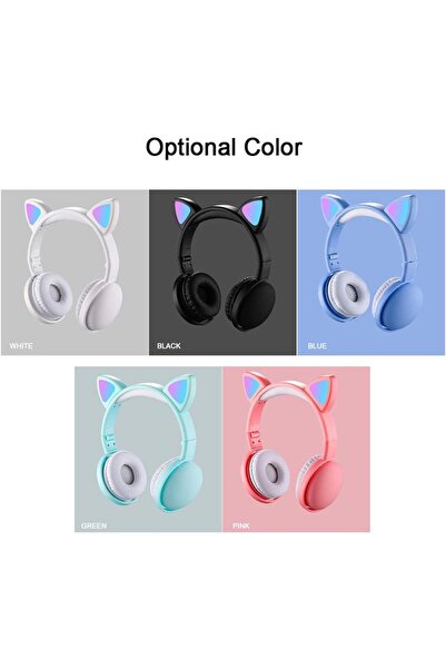 Generic سماعات أذن بتصميم آذان قطة بإضاءة LED RGB، بتقنية بلوتوث 5.0، عازلة للضوضاء، قابلة للطي، مناسبة للبالغين والأطفال