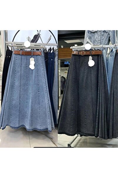 ZERDE Fermuarlı Kemerli Kot Etek