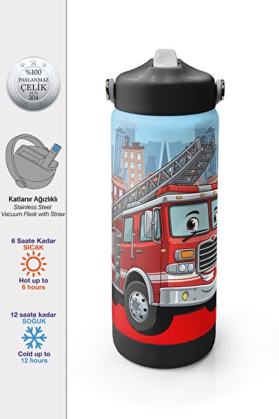 Coral High Kırmızı İtfaiye Desenli Katlanır Ağızlıklı Çelik Termos 650 ml 38345