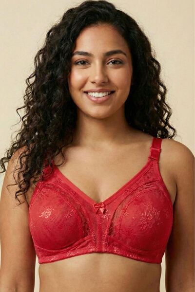 Brashop Sutien minimizator din dantelă cu model, roșu, pentru femei - fără sâ...