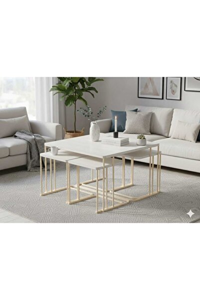 Nokta Sehpa Home 4+1 KREM METAL BEYAZ TABLA 5Lİ YAVRULU ORTA SEHPA ZİGON SEHPA