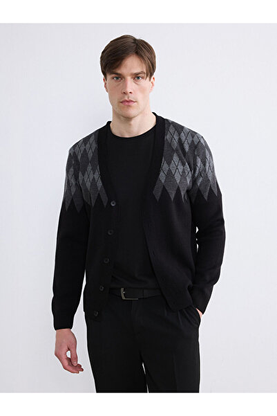 LC Waikiki Black Standard Patterned Diamond Patterned Men's Knitwear Cardigan