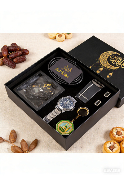 Yoawllty طقم هدايا رجالي أنيق مكون من 6 قطع - ساعة جلد سوداء، حزام، محفظة، رب...