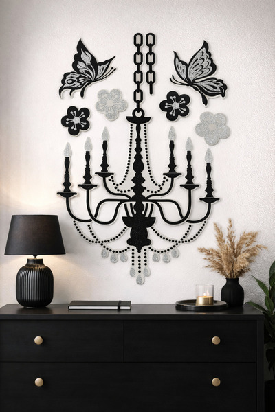 PARTİPORT 3D Glitter Chandelier Wall Sticker – Black Silver Decorative Wall O...