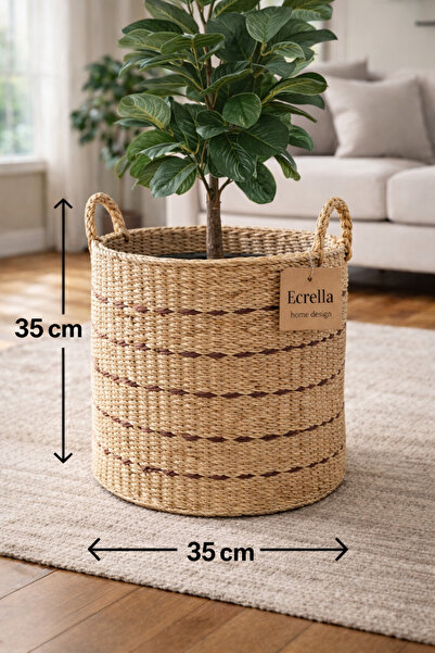 ecrella Home Design Hasır Sepet – Çok Amaçlı Silindir Dekoratif Sepet | Saksı...