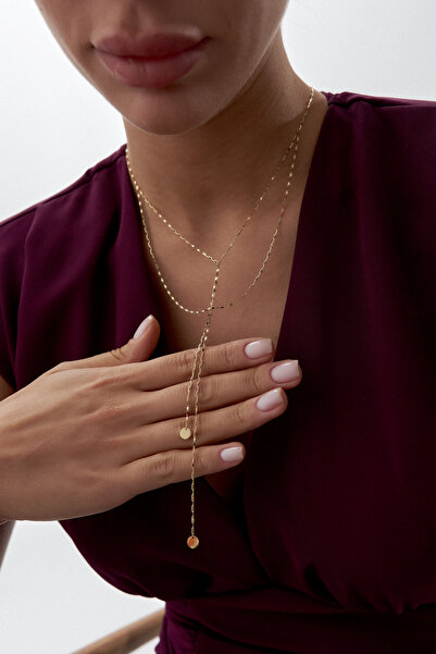 ADOR Altın Sallantılı Ucu Plakalı Y Kolye