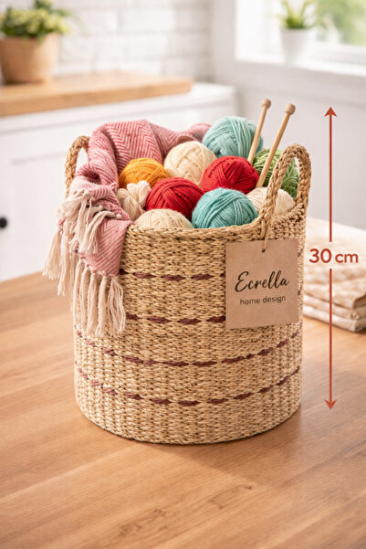 ecrella Home Design Hasır Sepet – Çok Amaçlı Silindir Dekoratif Sepet | Saksı...