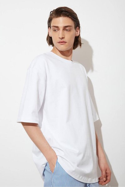 Deep sense Men's Oversize White Basic Men's T-Shirt Premium Cotton Relaxed Fit Casual T-Shirt
