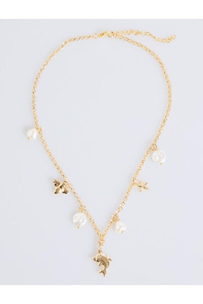 Jimmy Key Altın Rengi Balık Figürlü İncili Ayarlanabilir Kolye