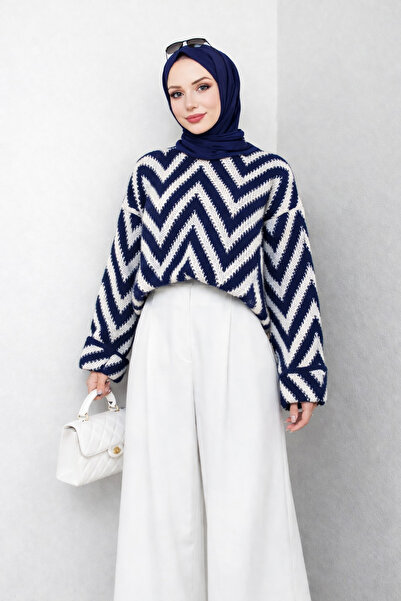 Nursay Navy Blue Color Zigzag Patterned Knitwear Sweater