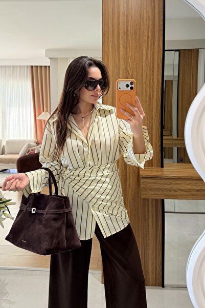 Gizem Ecemiş Strip Sarı Şallı Çizgili Gömlek