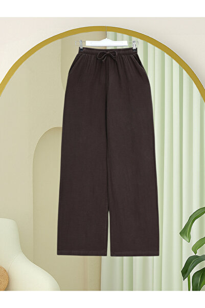 Modamorfo Elastic Waist Lace-Up Wide Leg Muslin Trousers - Brown