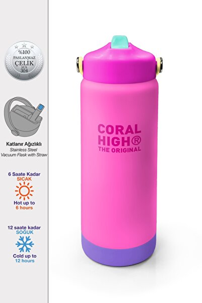 Coral High Renkli Pembe Lila Desenli Katlanır Ağızlıklı Çelik Termos 650 ml 3...