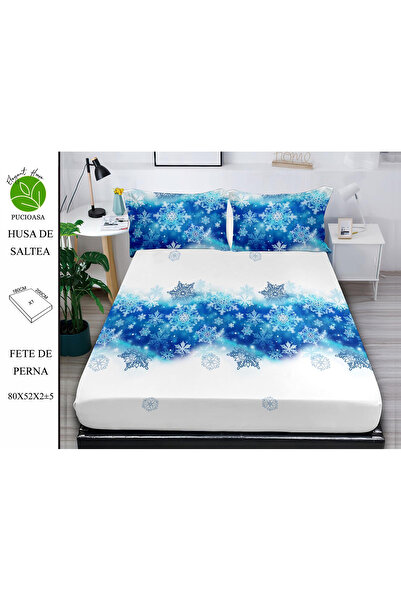 FIONNA.RO Husa cu Elastic si Fete de Perna Din Finet - Bleu Cu Flori De Gheata