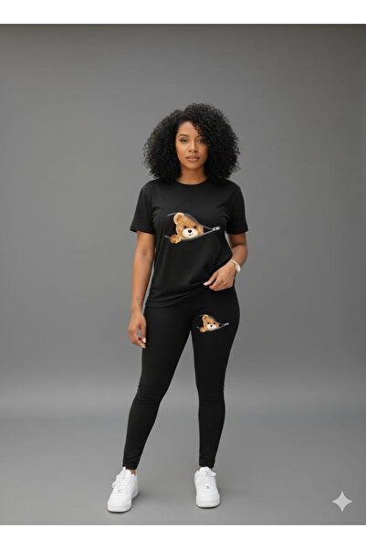 NO 601 Women's Black Zippered Bear Printed Polyester Slim Fit T-Shirt Black L...